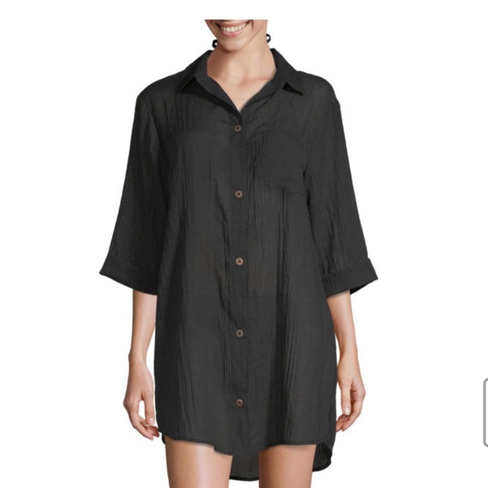 Black coverup button shirt dress 3/4 sleeve NWT